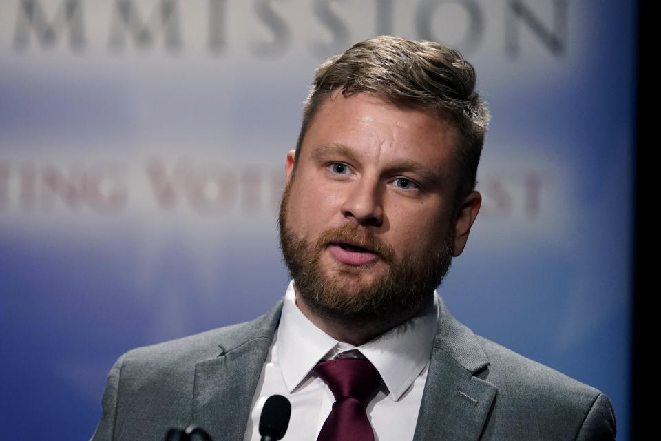 Libertarian James Sceniak speaks during a U.S. Senate debate, Sunday, Oct. 16, 2022, in Indianapolis. (AP Photo/Darron Cummings, Pool)