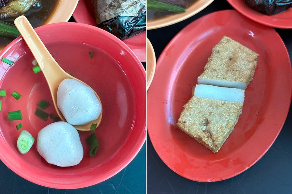 The fish balls are bouncy bites (left). Fried fish cake is good here too (right).