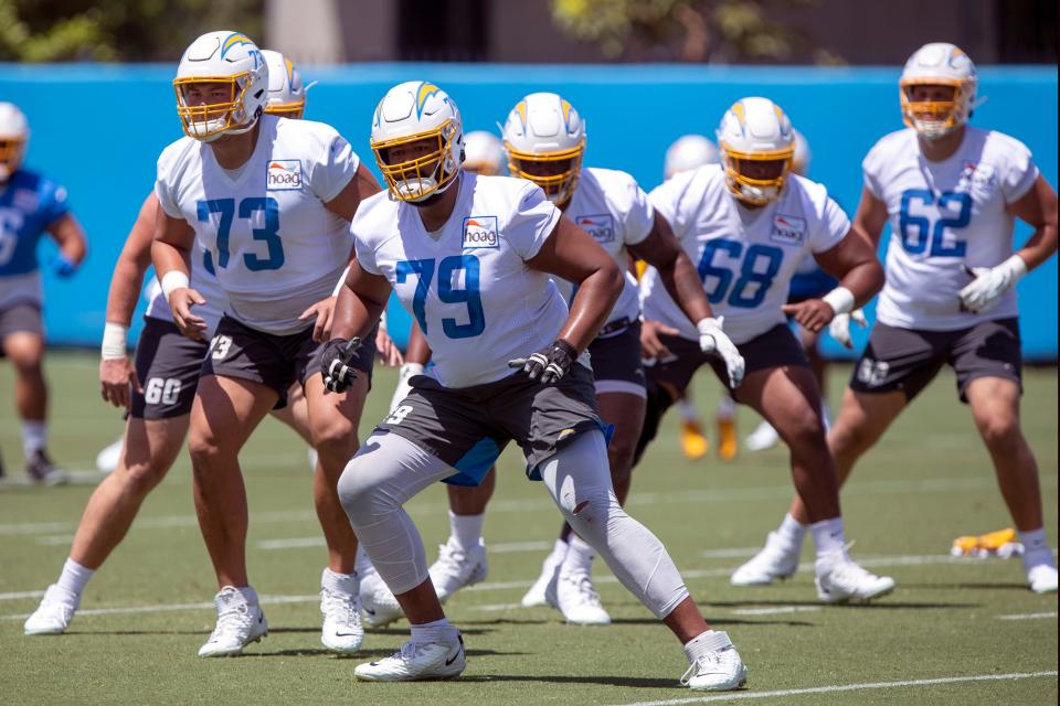 FILE - Los Angeles Chargers offensive tackle Trey Pipkins III (79) takes part in drills at the NFL football team's practice facility in Costa Mesa, Calif., Wednesday, June 1, 2022. After three years as a backup, Trey Pipkins III is ready for his opportunity as a starter. Pipkins will be the Los Angeles Chargers starting right offensive tackle when the season opens on Sept. 11 against the Las Vegas Raiders. (AP Photo/Alex Gallardo, File)