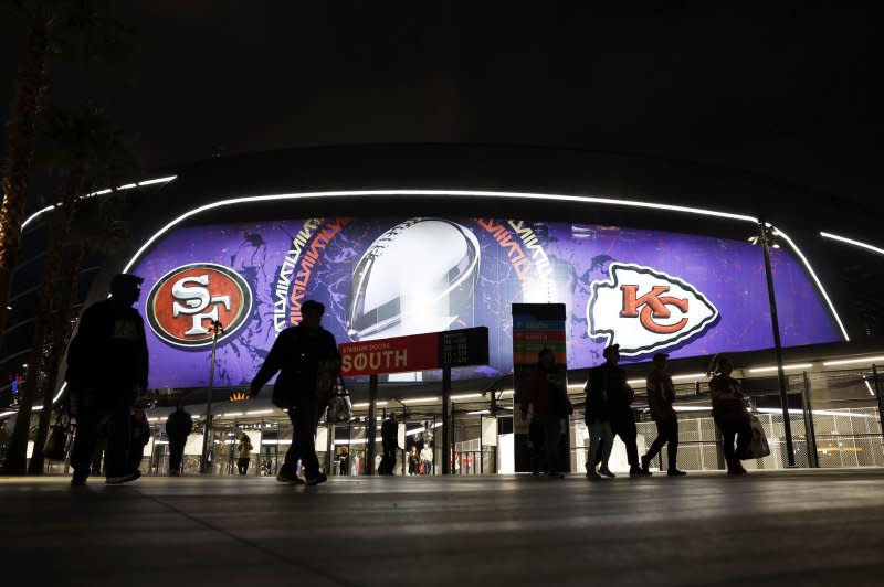 Media and fans exit Allegiant Stadium after Super Bowl LVIII Opening Night on Monday at Allegiant Stadium in Las Vegas. Photo by John Angelillo/UPI