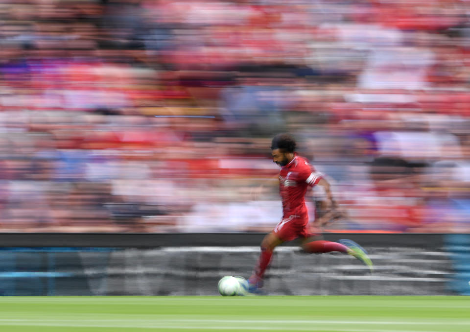 <p>Mo Salah charges towards goal during Liverpool’s 4-0 victory over West Ham on the first weekend of the Premier League season at Anfield. (Getty) </p>