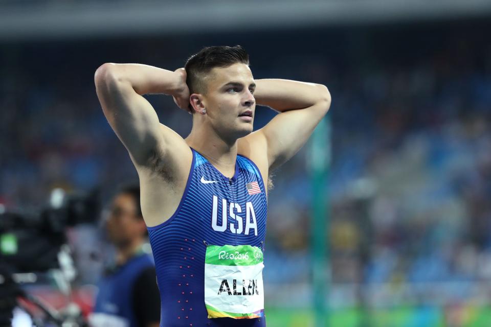 Aug 16, 2016; Rio de Janeiro, Brazil; Devon Allen (USA) reacts after competing during the the men's 110m hurdles final in the Rio Summer Olympic Games at Estadio Olimpico Joao Havelange. Mandatory Credit: Jason Getz-USA TODAY Sports