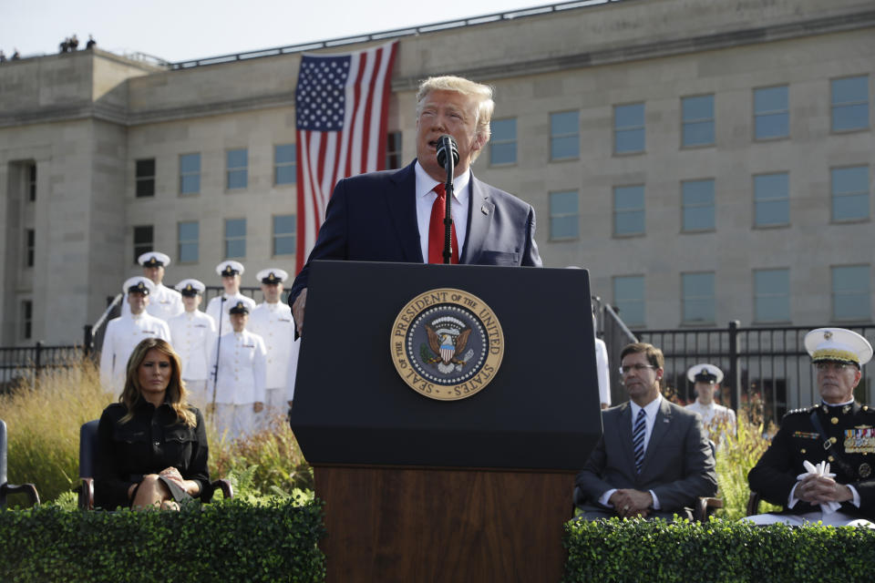 President Donald Trump speaks during a ceremony honoring the victims of the Sept. 11 terrorist attacks, Wednesday, Sept. 11, 2019, at the Pentagon. (AP Photo/Evan Vucci)