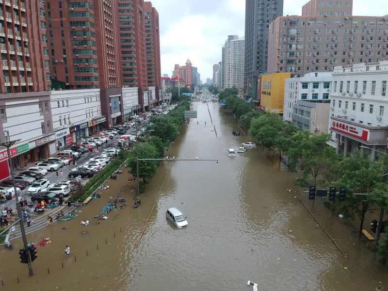 Aerial view shows a flooded road section following heavy rainfall in Zhengzhou