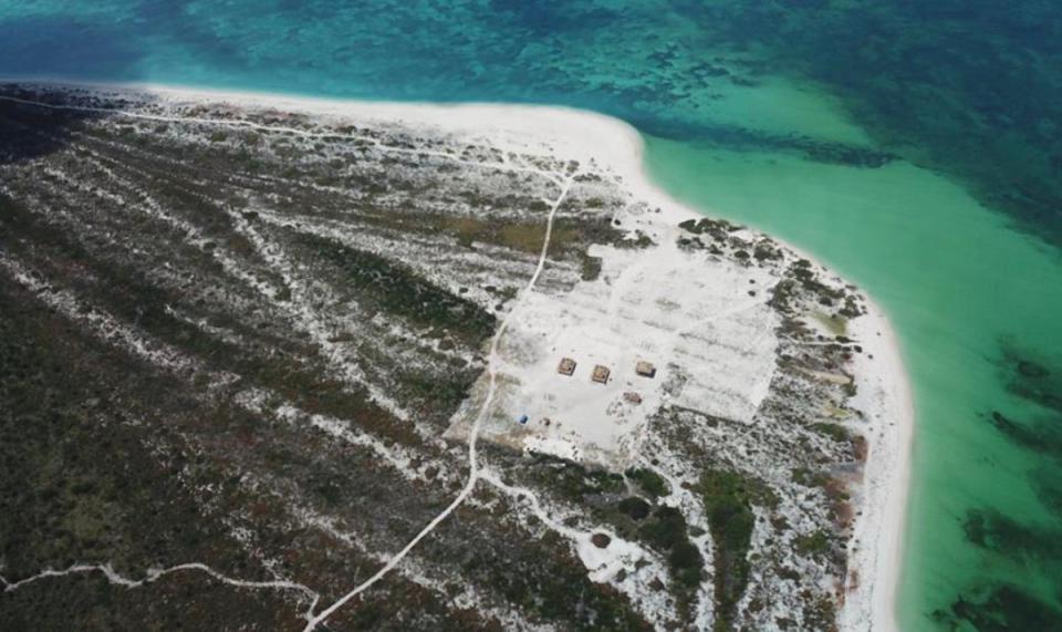 An aerial view of the new development on the pristine beachfront at Cedar Tree Point, Barbuda. The plans included a ‘security buffer zone’ (Global Legal Action Network)