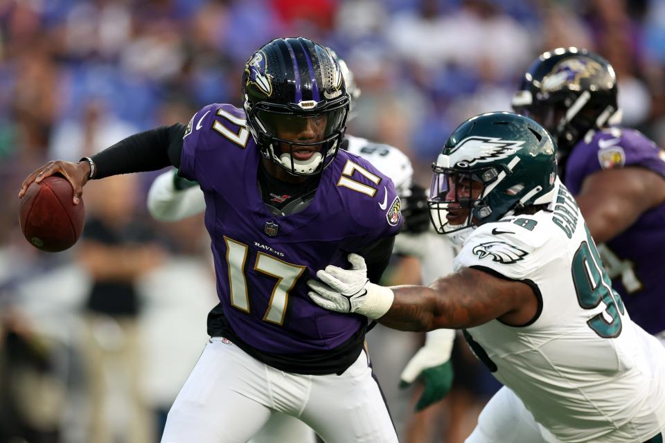 Quarterback Josh Johnson (17) of the Baltimore Ravens is tackled by defensive tackle Jalen Carter (98) of the Philadelphia Eagles during the first half of a preseason game at M&T Bank Stadium on Saturday, Aug. 12, 2023, in Baltimore.