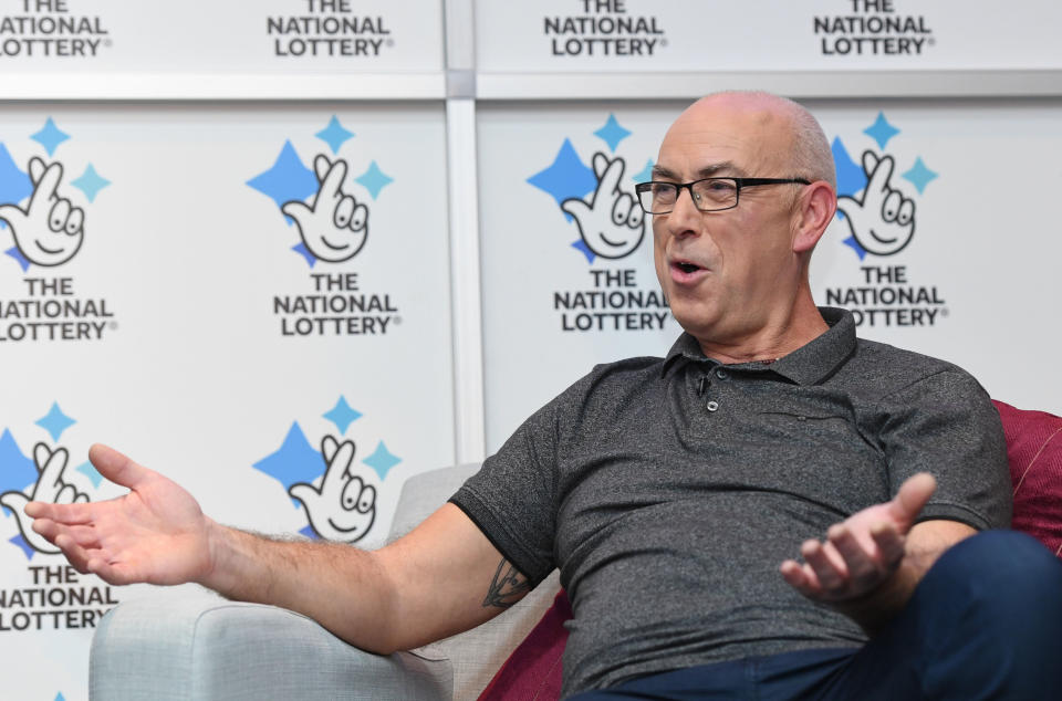 Andrew Clark, 51, from Boston, Lincolnshire, celebrates his £76,369,806.80 EuroMillions jackpot win (PA Images)