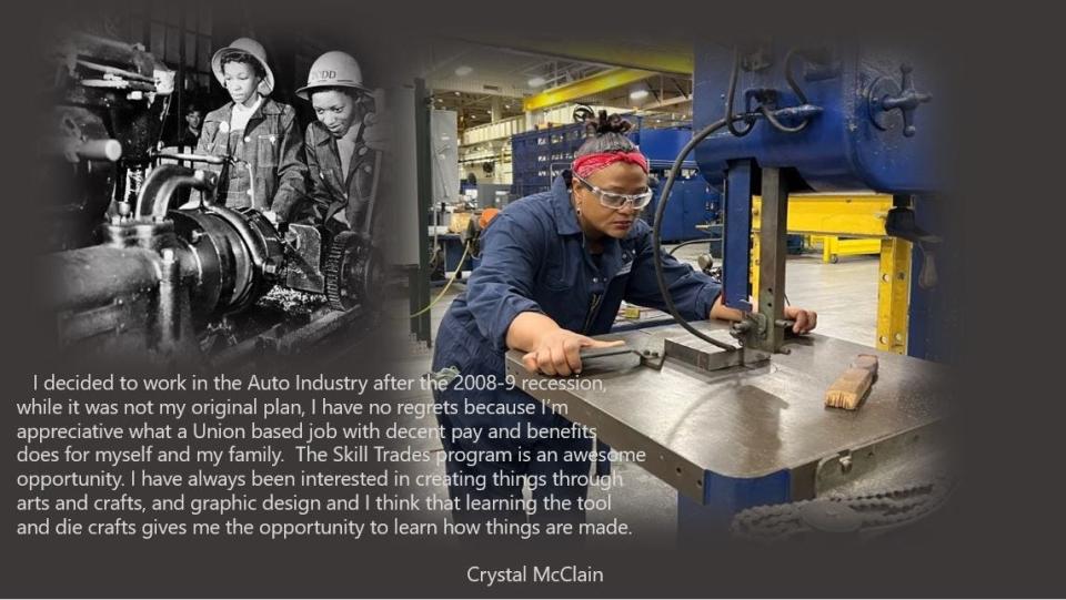 Crystal Mcclain, a worker at Ford's Woodhaven Stamping plant, dressed as Rosie the Riveter as she operates machinery.