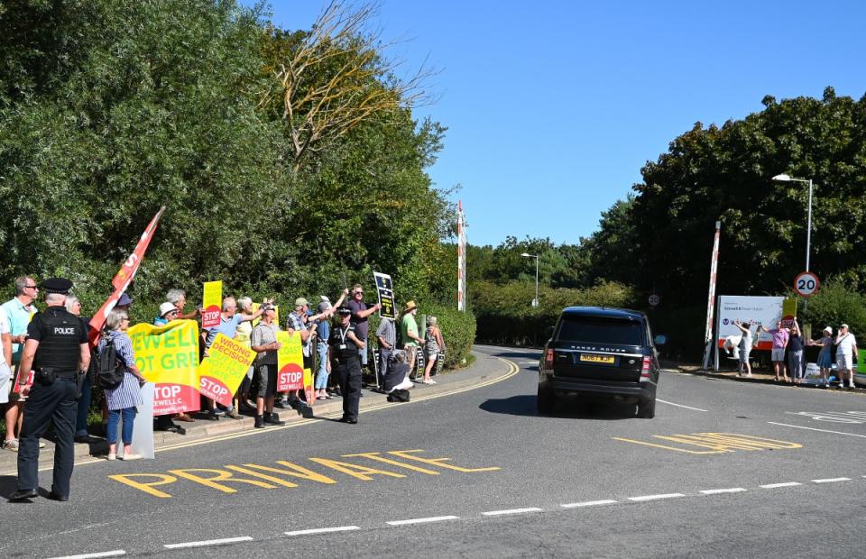 Protesters from the Stop Sizewell C and Together Against Sizewell C campaign groups outside EDF’s Sizewell B nuclear power station in Suffolk (Gregg Brown/ PA) (PA Media)