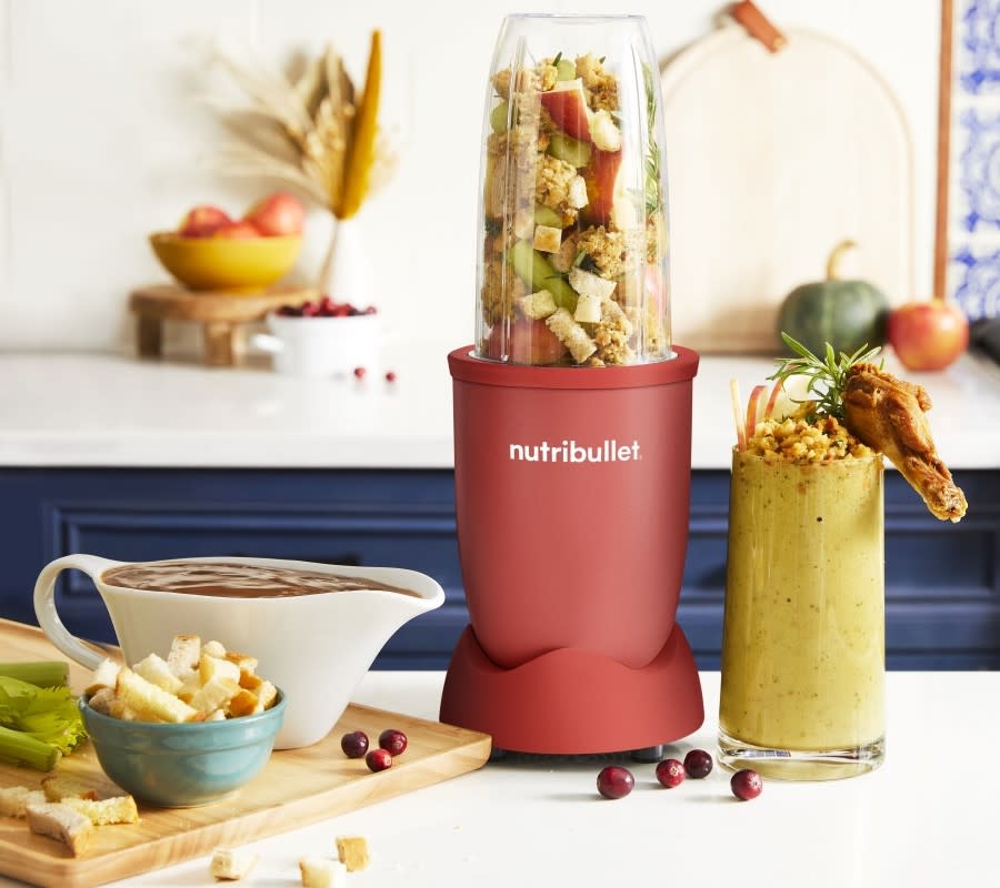 Stuffing Thanksgiving side dish smoothie on a kitchen counter