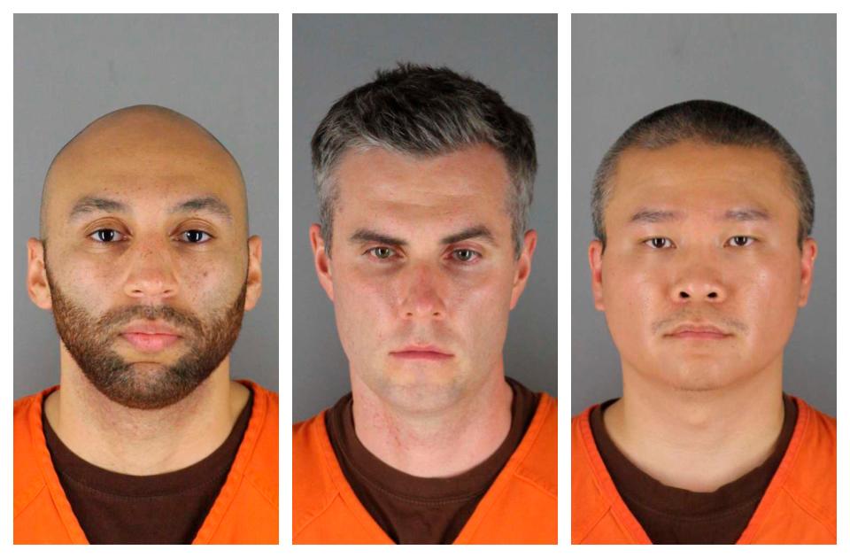 This combination of photos provided by the Hennepin County Sheriff's Office in Minnesota on Wednesday, June 3, 2020, shows J. Alexander Kueng, from left, Thomas Lane and Tou Thao. They have been charged with aiding and abetting Derek Chauvin, who is charged with second-degree murder of George Floyd, a black man who died after being restrained by the Minneapolis police officers on May 25. (Hennepin County Sheriff's Office via AP)