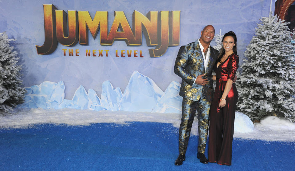 HOLLYWOOD, CA - DECEMBER 09:  Dwayne Johnson and wife Lauren Hashian arrive at the Premiere Of Sony Pictures' "Jumanji: The Next Level"  held at TCL Chinese Theatre on December 9, 2019 in Hollywood, California.  (Photo by Albert L. Ortega/Getty Images)