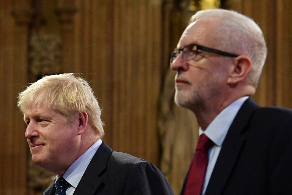 Britain's Prime Minister Boris Johnson and main opposition Labour Party leader Jeremy Corbyn head the procession of members of parliament through the Central Lobby toward the House of Lords to listen to the Queen's Speech during the State Opening of Parliament in the Houses of Parliament in London, Britain October 14, 2019. Daniel Leal-Olivas/Pool via REUTERS