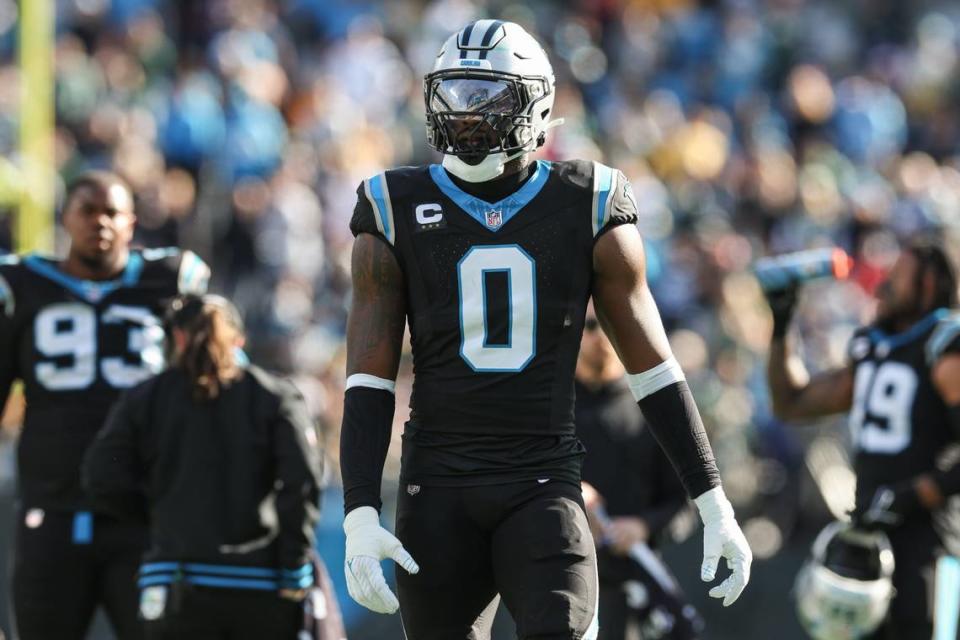 Carolina Panthers linebacker Brian Burns (0) walks onto the field during the game against the Packers at Bank of America Stadium on Sunday, December 24, 2023.