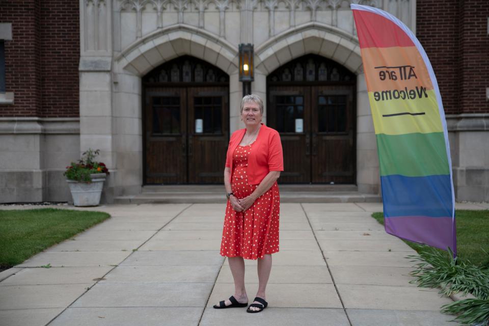 Pastor Vickie Van Nevel poses for a portrait at First United Methodist Church in downtown South Bend on June 14, 2023.