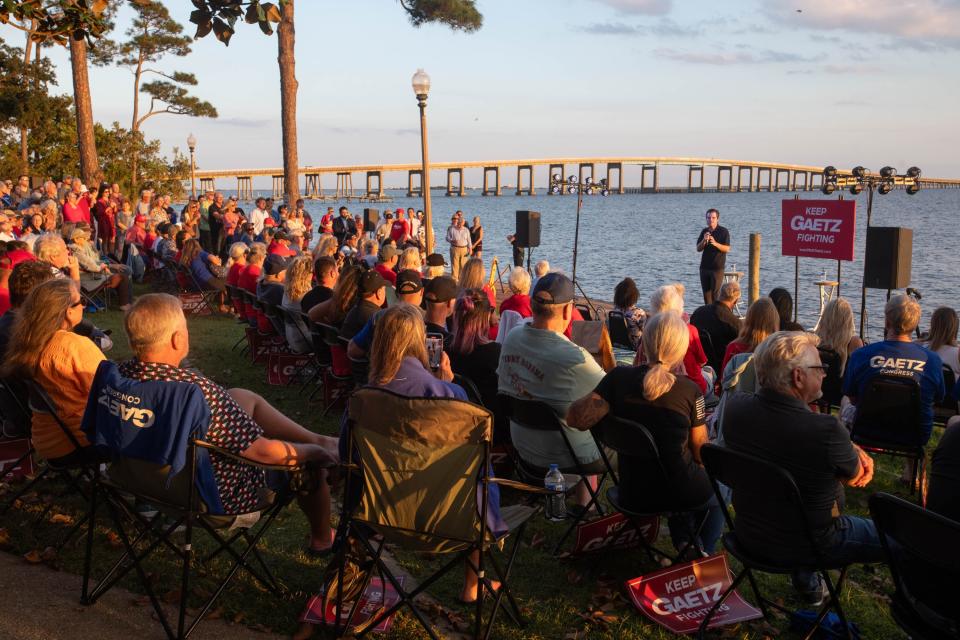 Congressman Matt Gaetz speaks during a campaign rally at Navarre Park in Navarre on Monday, Oct. 30, 2023.