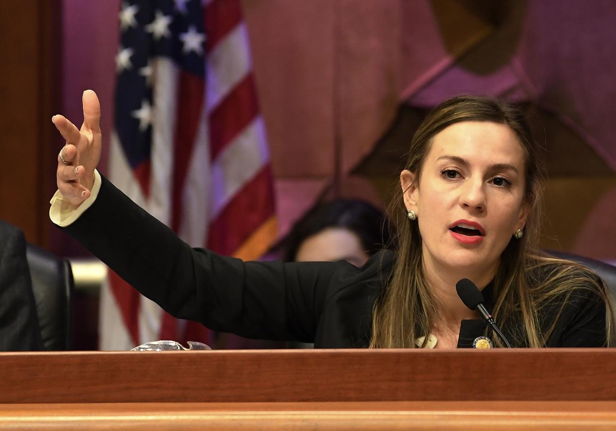 State Sen. Alessandra Biaggi, D-Bronx, speaks to state legislators on Feb. 13, 2019, in Albany, N.Y. 