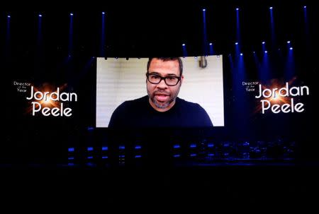 Jordan Peele accepts his award for Director of the Year with a video message at the Big Screen Achievement Awards during CinemaCon, a convention of movie theater owners, in Las Vegas, Nevada, U.S., March 30, 2017. REUTERS/Steve Marcus - RTX33HBS