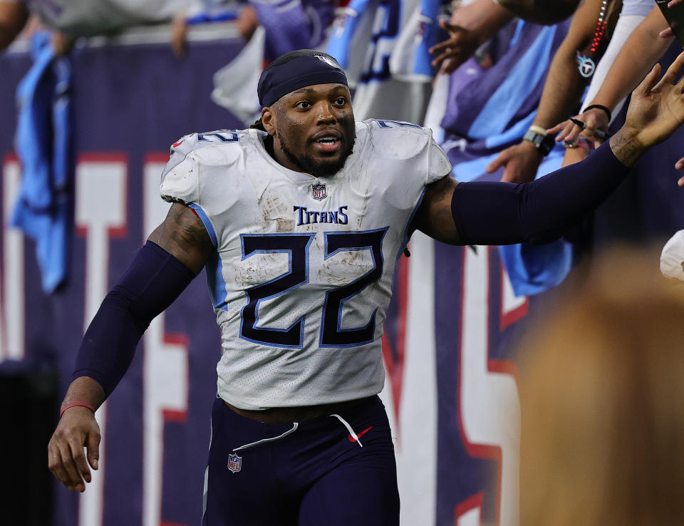 HOUSTON, TEXAS - OCTOBER 30: Derrick Henry #22 of the Tennessee Titans runs off the field after defeating the Houston Texans at NRG Stadium on October 30, 2022 in Houston, Texas. The Tennessee Titans defeated the Houston Texans 17-10. (Photo by Bob Levey/Getty Images)