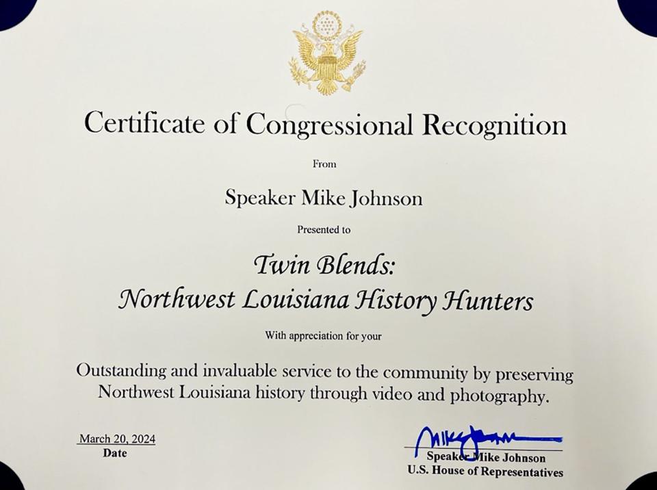 Certificate of Appreciation from Speaker Mike Johnson given to Twin Blends.