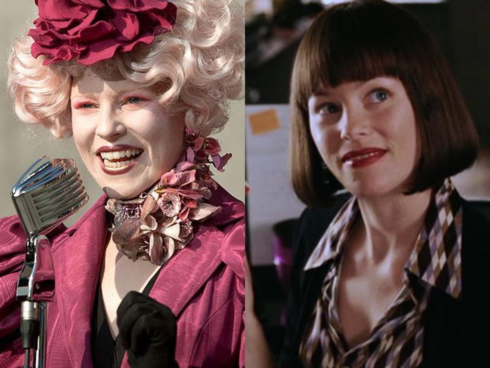 On the left: Elizabeth Banks as Effie Trinket in "The Hunger Games." On the right: Banks as Betty Brant in "Spider-Man 2."