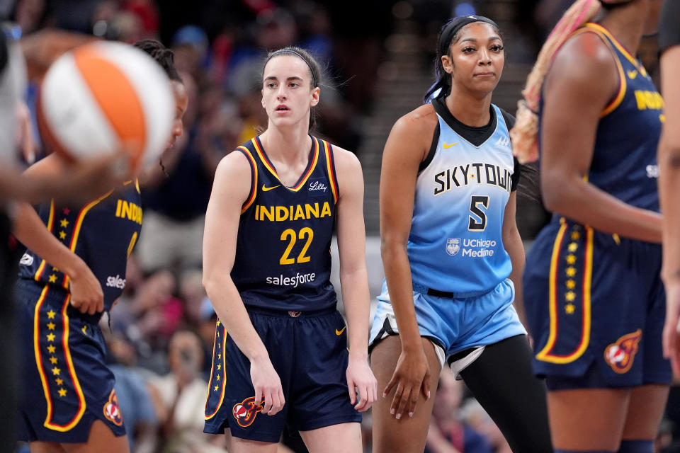 Caitlin Clark and Angel Reese WNBA matchups continue to draw massive television ratings. (Photo by Emilee Chinn/Getty Images)