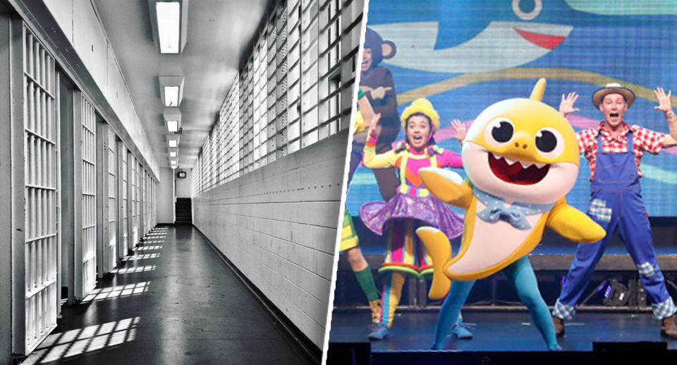 A row of prison cells (left) and the Baby Shark mascot at a live show. 