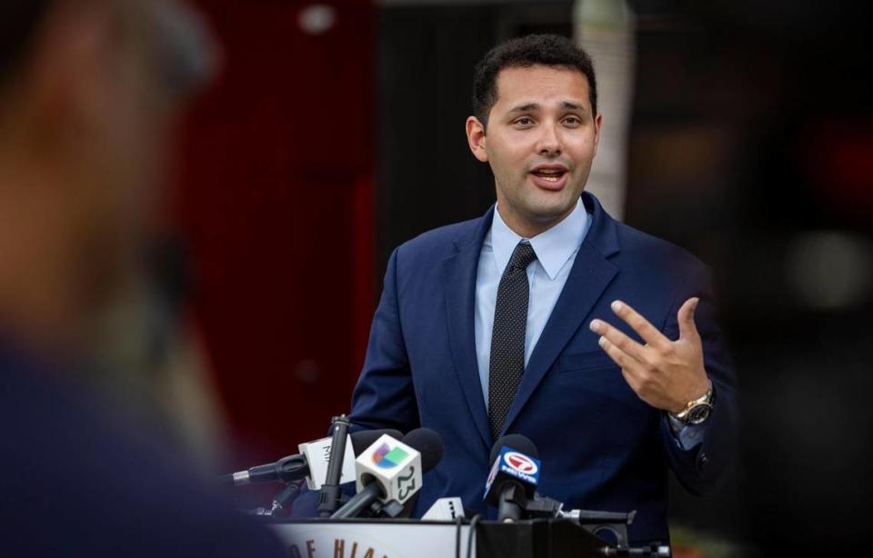Hialeah Councilmember Bryan Calvo holds a press conference in front of Hialeah City Hall to demand an investigation into 911 calls that are not being answered. Hialeah, Florida - June 26, 2023 -
