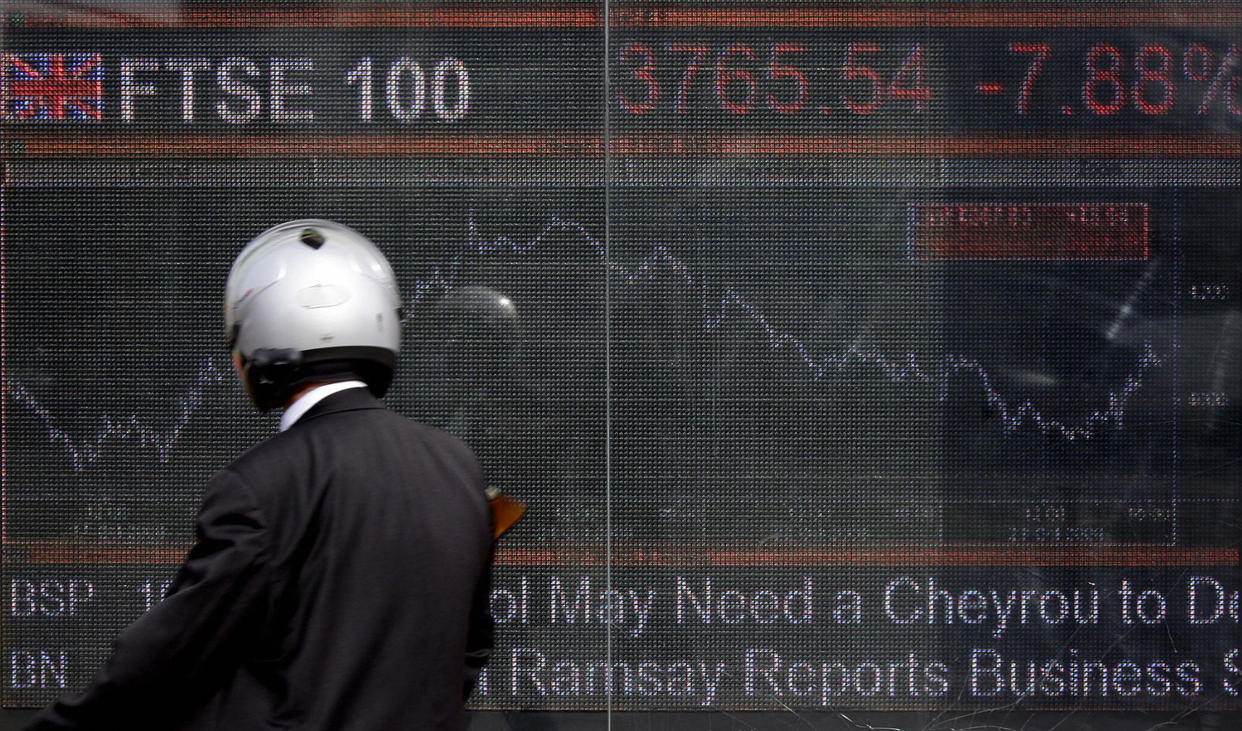An electronic display board showing the FTSE 100 share index in London on October 24, 2008: AFP/Getty Images