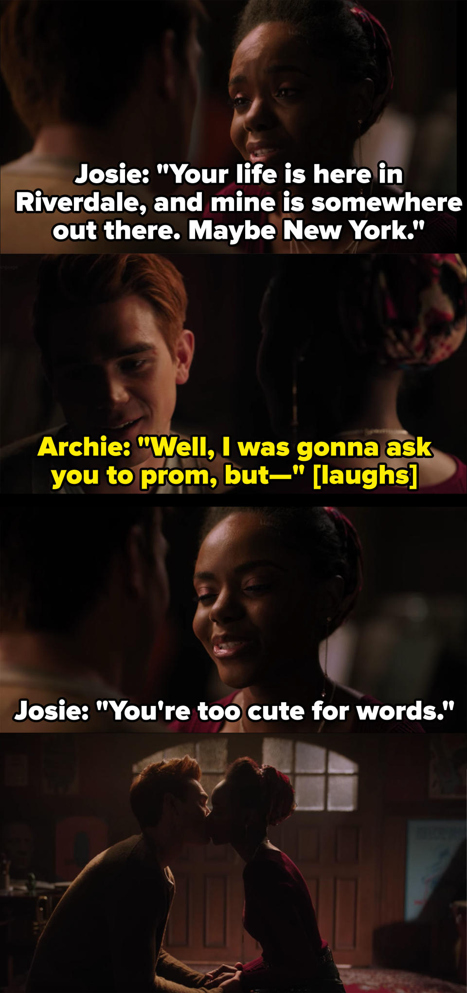 Josie says Archie's life is in Riverdale and hers is somewhere else, they share a final kiss