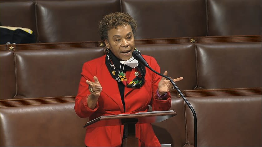 FILE - In this April 23, 2020, file image from video, Rep. Barbara Lee, D-Calif., speaks on the floor of the House of Representatives at the U.S. Capitol in Washington. The Democratic-led House, with the backing of President Joe Biden, is expected to approve legislation Thursday, June 17, 2021, to repeal the 2002 authorization for use of military force in Iraq. (House Television via AP)