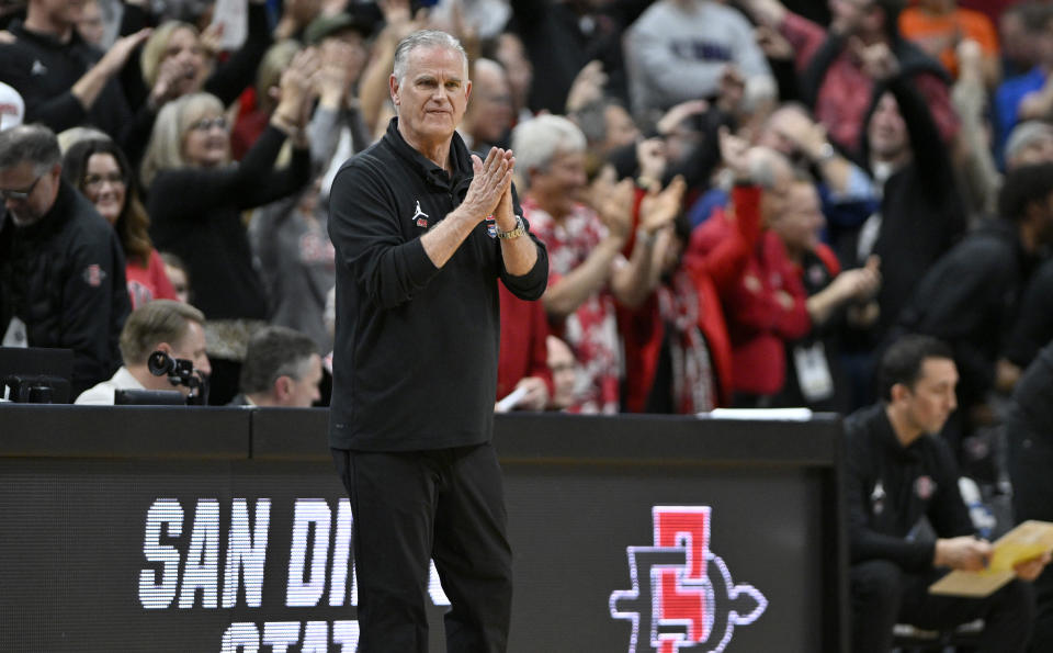 March 24, 2023; Louisville, Kentucky; San Diego State Aztecs head coach Brian Dutcher reacts during the second half of the NCAA Tournament Round of 16 against the Alabama Crimson Tide at KFC YUM! Center. Jamie Rhodes-USA TODAY Sports