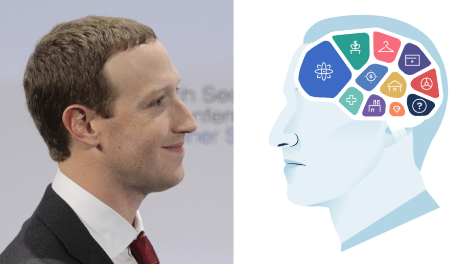 Mark Zuckerberg's side profile on the left and an infographic demonstrating the workings of a millennial billionaire in the shape of Mark Zuckerberg's side profile on the right.