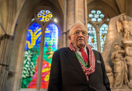 British artist David Hockney poses in front of The Queen's Window, a new stained glass window he has designed, at Westminster Abbey in London, Britain, September 26, 2018. Victoria Jones/Pool via REUTERS