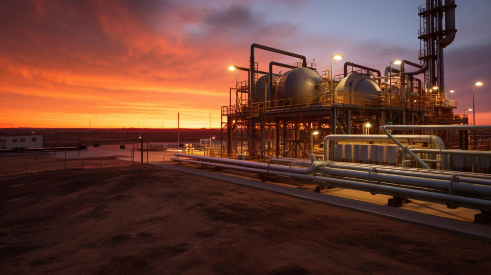 A broad sunset view of a modern oil & natural gas facility in the Permian Basin.