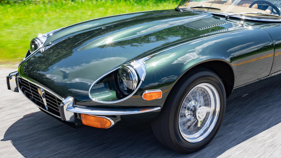 A close-up of the front end of a reimagined Jaguar E-Type restomod from Florida-based E.C.D. Automotive Design.
