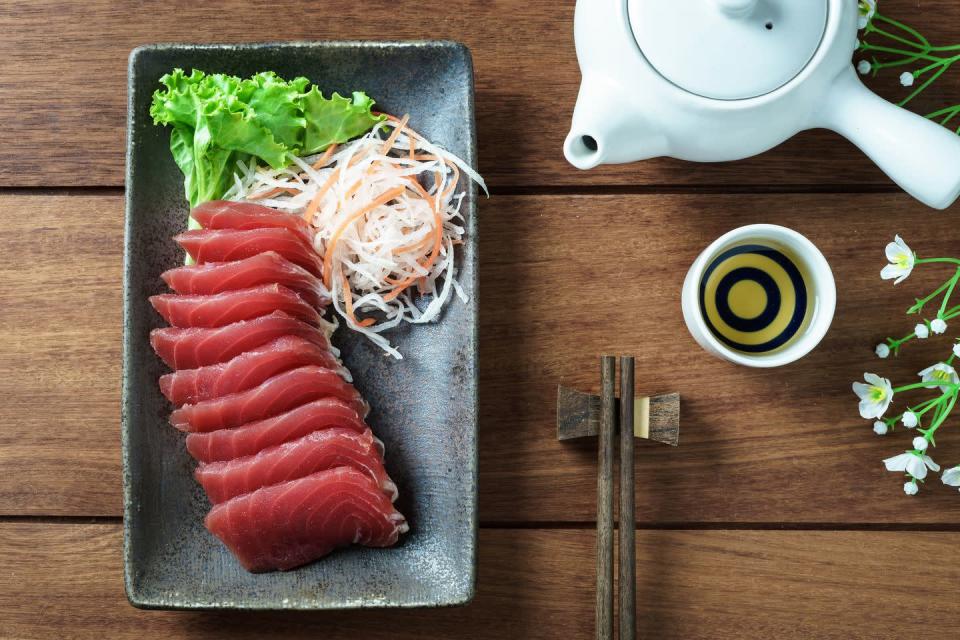 <p>This fatty fish serves up more than heart-healthy omega-3 fatty acids. A 3-ounce serving of raw tuna has 20 grams of protein, and one can of cooked tuna has a whopping 33 grams of protein. Either way, this tasty fish should be top of mind for restaurant ordering or pantry stocking. </p><p><strong>Power up your protein: </strong>Try your hand at making this <a rel="nofollow noopener" href="http://capefearnutrition.com/2015/07/10/sizzling-summertime-sandwich-tuna-burger-with-wasabi-slaw/" target="_blank" data-ylk="slk:tuna burger with wasabi slaw" class="link ">tuna burger with wasabi slaw</a> from Cape Fear Nutrition at home, or even better, <a rel="nofollow noopener" href="https://www.prevention.com/food-nutrition/recipes/a20526747/grilled-tuna-and-eggs-benedict/" target="_blank" data-ylk="slk:pair your tuna with eggs" class="link ">pair your tuna with eggs</a> for our twist on the classic benedict.</p>