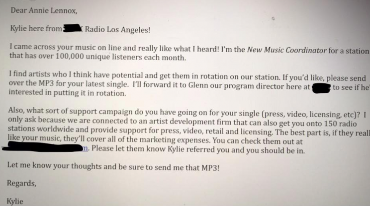 Cringe letter sent to Annie Lennox from LA radio station