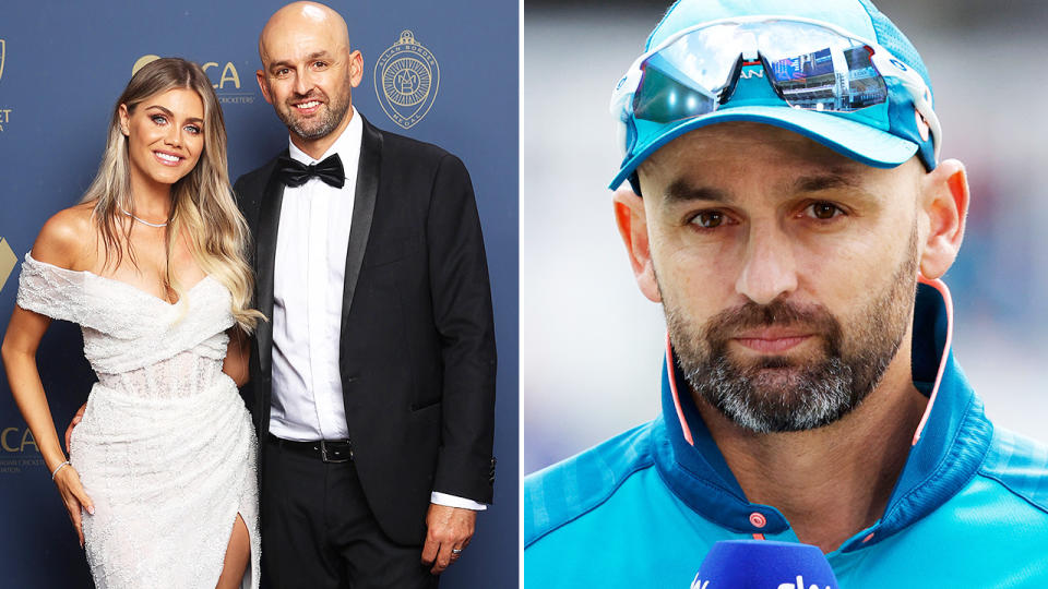 Nathan Lyon, pictured here alongside wife Emma.