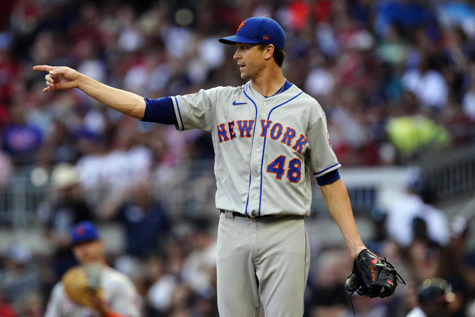 New York Mets starting pitcher Jacob deGrom (48) is the NL MVP favorite. (AP Photo/John Bazemore)