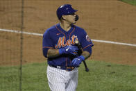 New York Mets' Wilson Ramos reacts after striking out during the ninth inning of a baseball game against the Washington Nationals Tuesday, Aug. 11, 2020, in New York. The Nationals won 2-1. (AP Photo/Frank Franklin II)