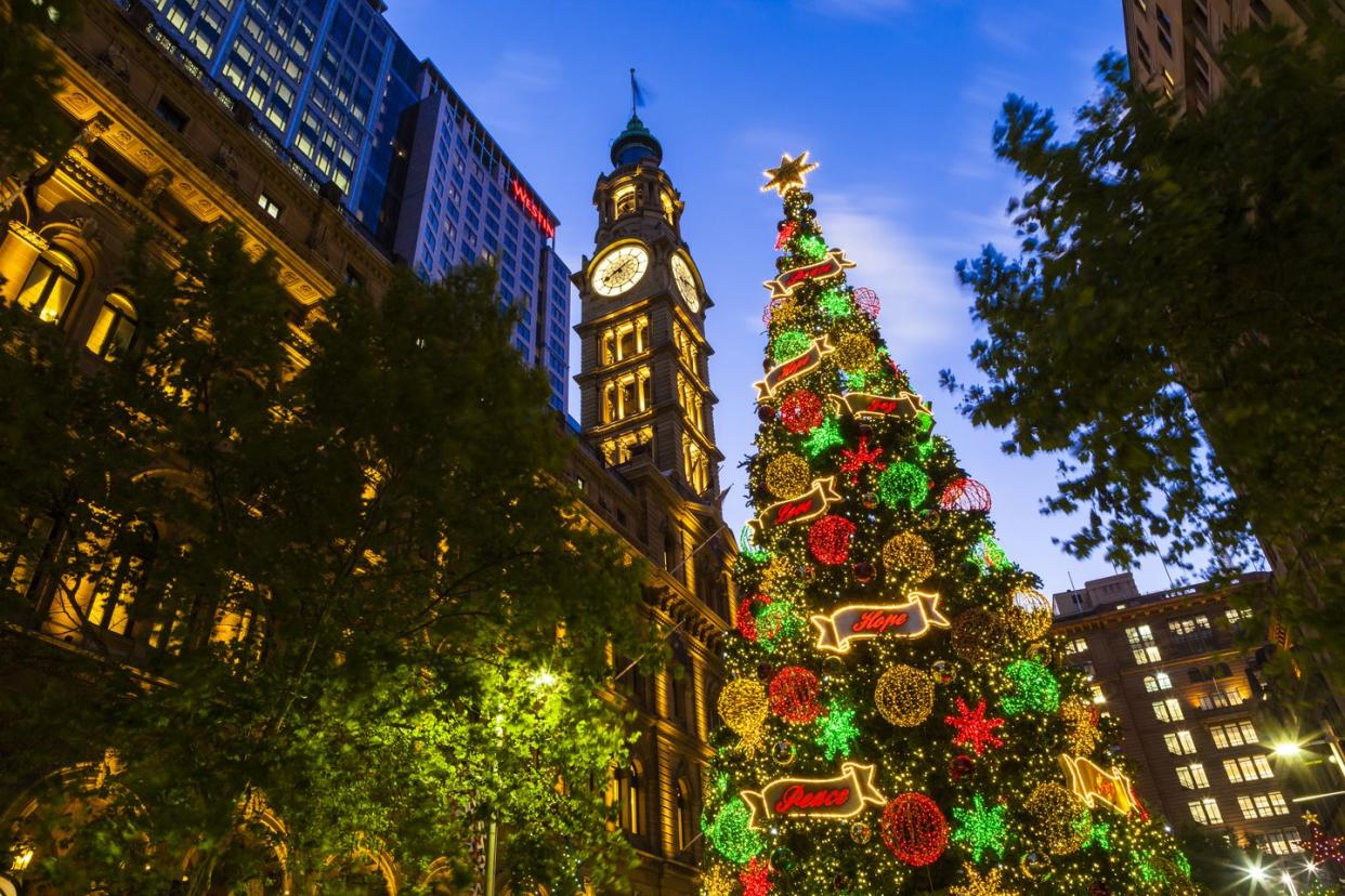 christmas tree clock tower in martin place