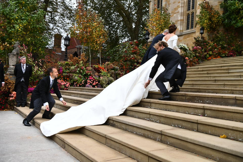 Princess Eugenie arrives for her wedding to Jack Brooksbank at St George's Chapel in Windsor Castle.