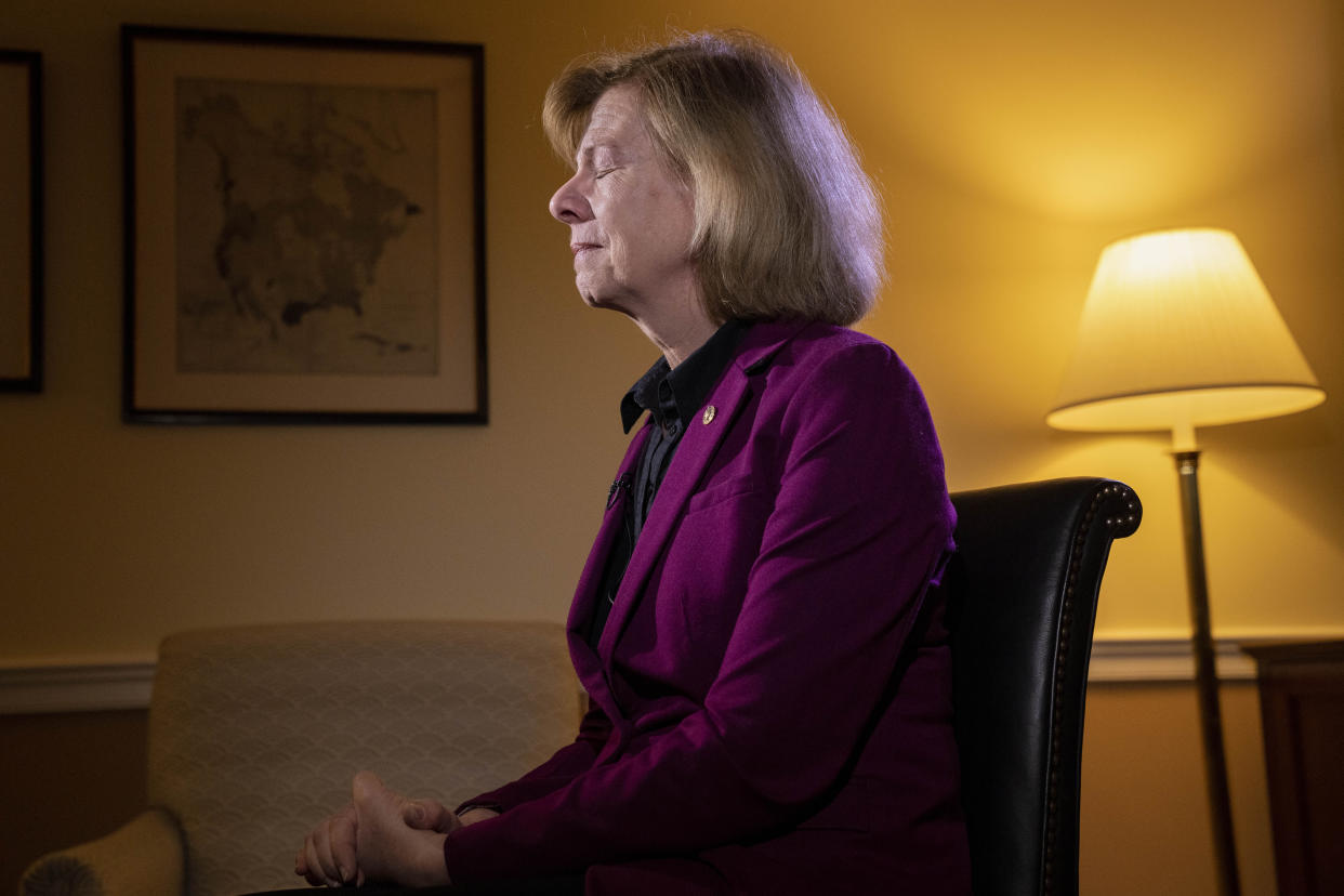 Sen. Tammy Baldwin, D-Wis., pauses with emotion as she recalls the passage of the Respect for Marriage Act, Tuesday, Dec. 6, 2022, during an interview on Capitol Hill in Washington. (AP Photo/Jacquelyn Martin)