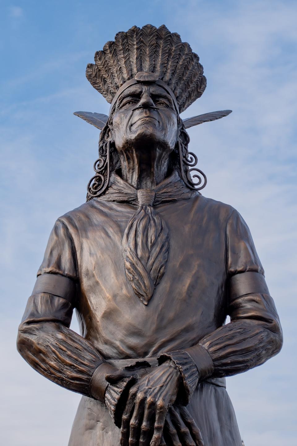 The bronze statue of Chief Netawatwees awaits installation by Alan Cottrill at the new Lenape Diaspora Memorial in Newcomerstown. It is the first of six statues planned for installation.