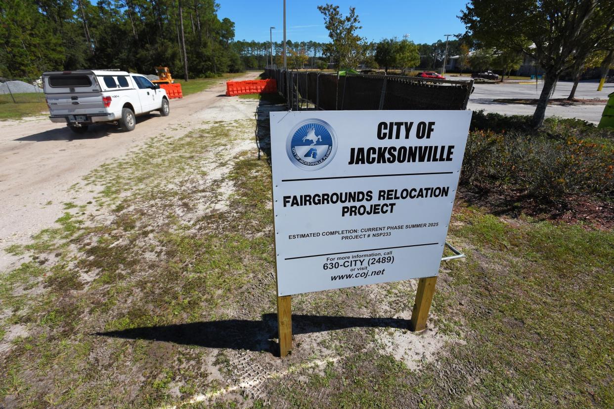 A sign beside a construction site access road identifies the fairgrounds relocation project at the Taye Brown Regional Park on the Westside. Construction of buildings could start in early 2024 depending on the outcome of a National Park Service review of the city's lease of land to the Greater Jacksonville Fair Association.