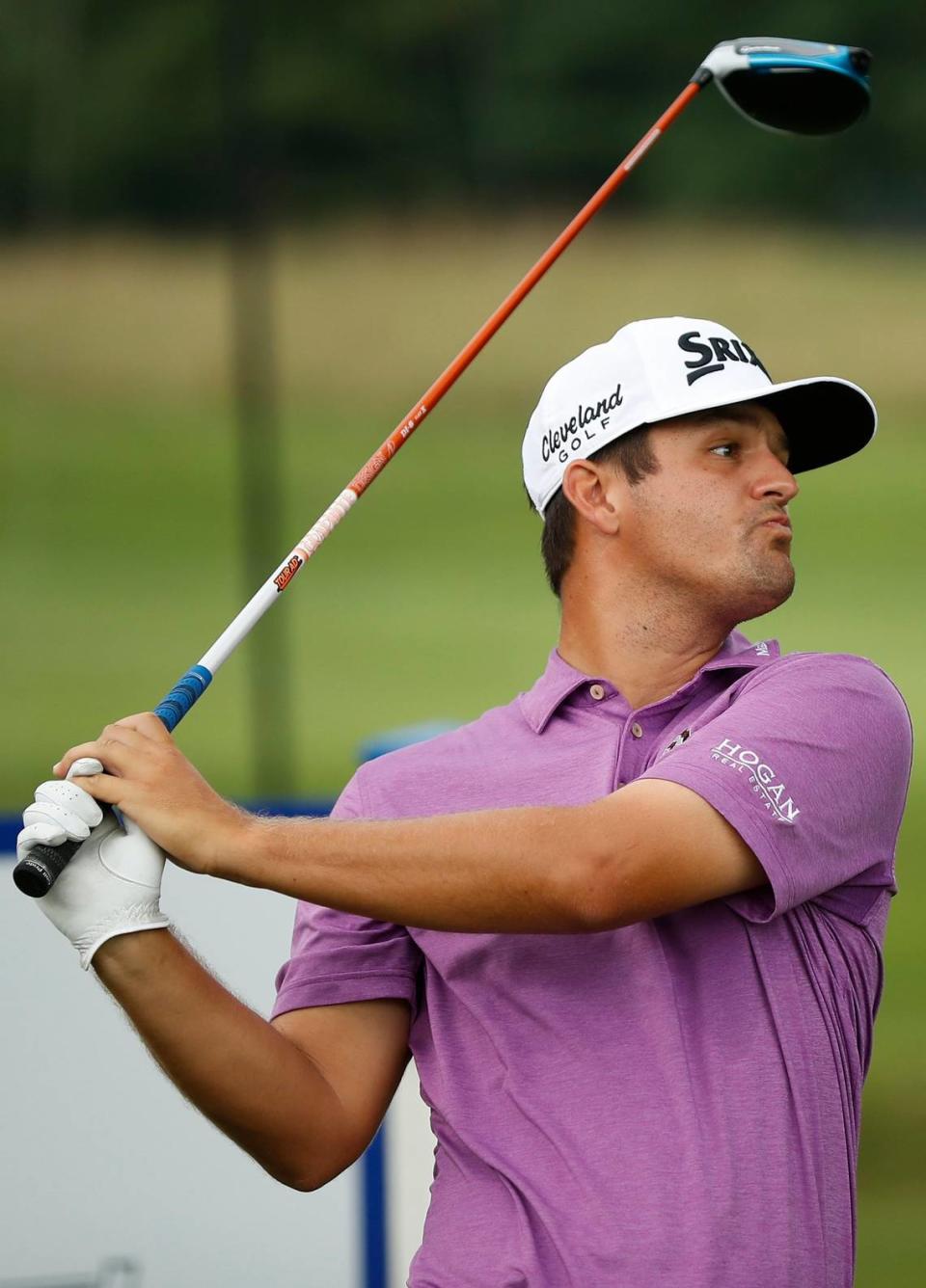 Former University of Kentucky golfer Stephen Stallings Jr. tees off during Wednesday’s pro-am at Keene Trace Golf Club.