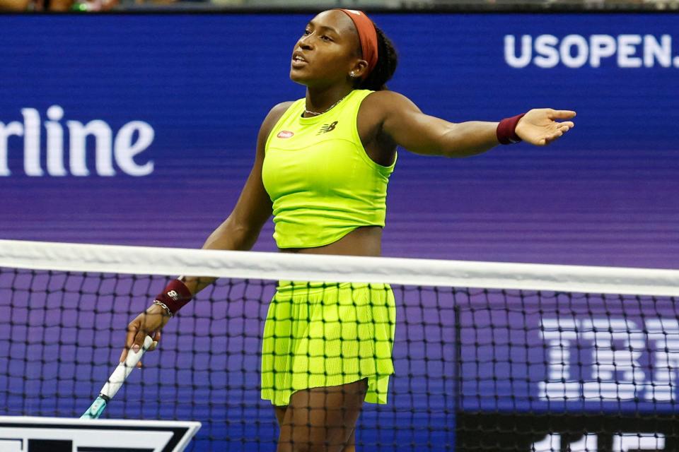 Coco Gauff expresses frustration with her opponent's antics during her opening match at the 2023 US Open.