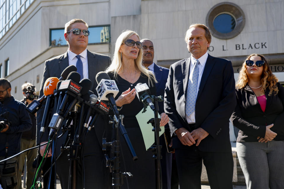 Beth Holloway speaks to media after the appearance of Joran van der Sloot outside the Hugo L. Black Federal Courthouse Wednesday, Oct. 18, 2023, in Birmingham, Ala. Van der Sloot, the chief suspect in Natalee Holloway’s 2005 disappearance in Aruba admitted he killed her and disposed of her remains, and has agreed to plead guilty to charges he tried to extort money from the teen's mother years later, a U.S. judge said Wednesday. (AP Photo/ Butch Dill )