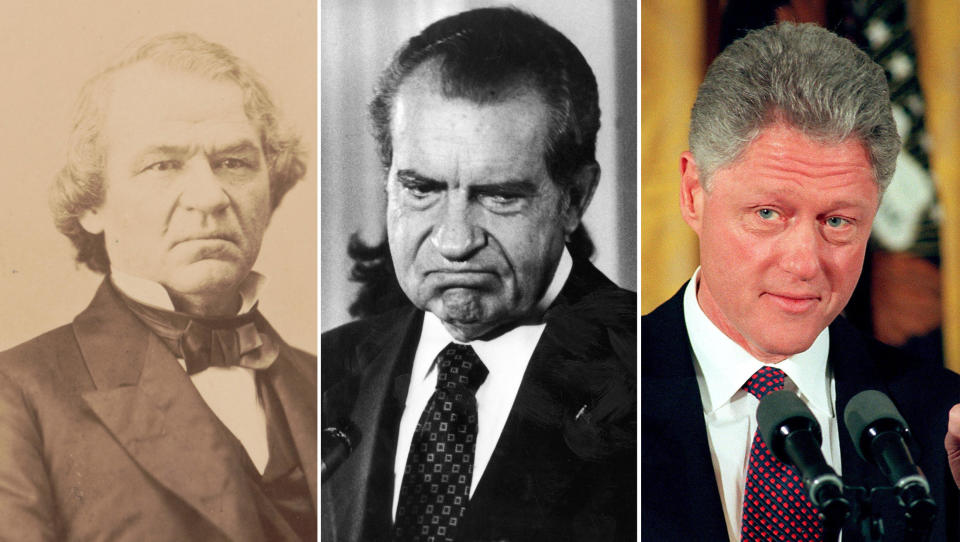 L-R: Andrew Johnson was impeached in 1868 but not convicted; Richard Nixon resigned before he could be impeached in 1974; Bill Clinton was impeached in 1998 but not convicted. / Credit: Library of Congress via AP; Getty Images